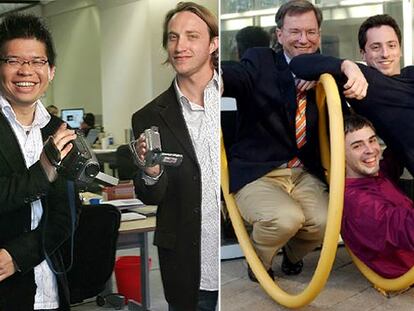 Steven Chen (izquierda) y Chad Hurley, fundadores de YouTube. A la derecha, el presidente de Google, Eric Smidt (izquierda), y sus creadores, Sergei Brin (centro) y Larry Page.