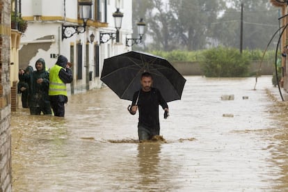 Una persona camina entre las casas inundadas en la barriada Doña Ana de la localidad malagueña de Cártama.