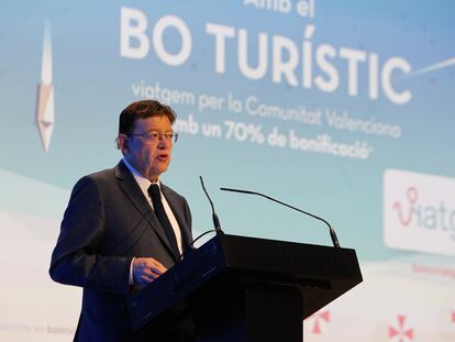 El presidente Ximo Puig en la presentación del Bono turístico para favorecer los destinos valencianos.