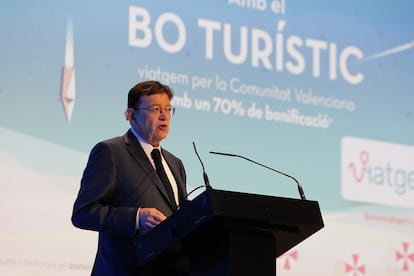 El presidente Ximo Puig en la presentación del Bono turístico para favorecer los destinos valencianos.