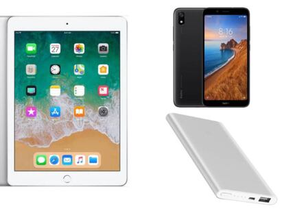 De izquierda a derecha y de arriba a abajo: Apple iPad 32GB 9,7 pulgadas edición 2018 en color plata, Xiaomi Redmi 7A de 32 GB y Xiaomi Mi Powerbank 2.