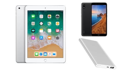 De izquierda a derecha y de arriba a abajo: Apple iPad 32GB 9,7 pulgadas edición 2018 en color plata, Xiaomi Redmi 7A de 32 GB y Xiaomi Mi Powerbank 2.