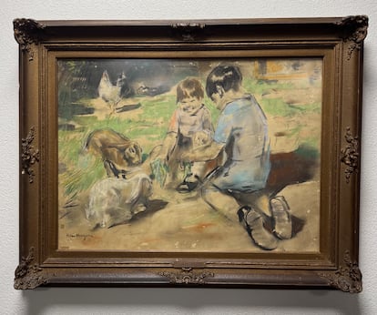 Dibujo de Han van Meegeren: un niño y una niña jugando con conejos.