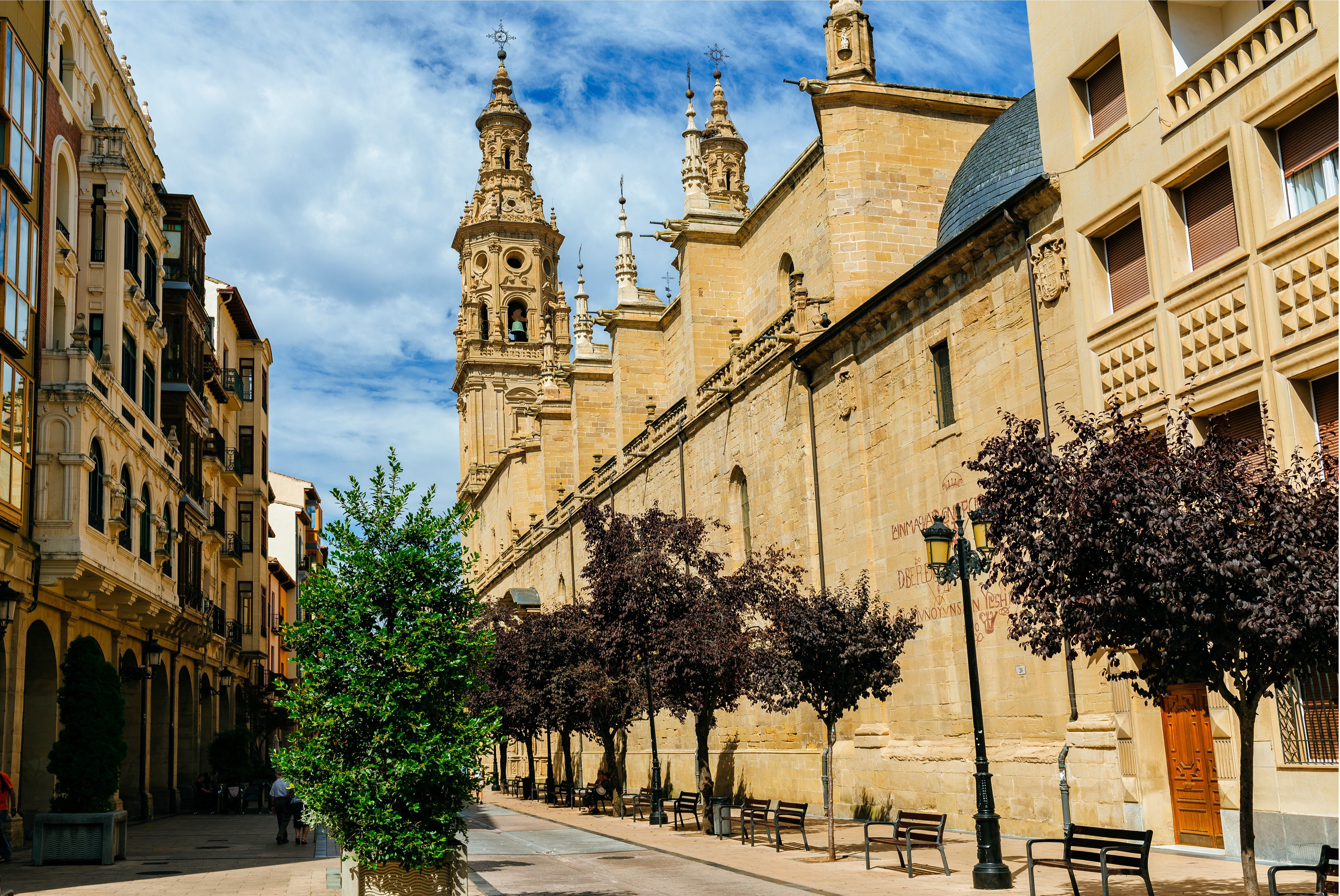 La calle Portales de Logroño con las torres de la concatedral de Santa María la Redonda al fondo. 