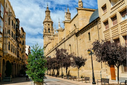 La calle Portales de Logroño con las torres de la concatedral de Santa María la Redonda al fondo. 