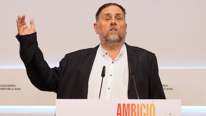 El presidente de ERC, Oriol Junqueras, este sábado, en la sede del partido en Barcelona.