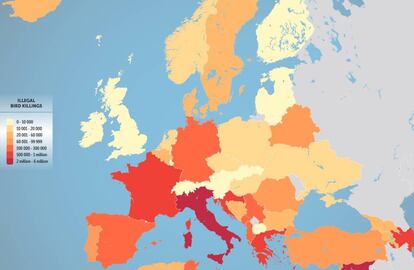 Mapa de la matanza ilegal de aves en Europa cada año.