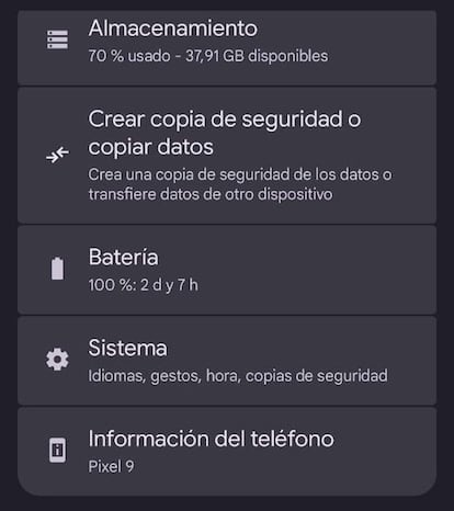 Apartado Sistema en un Google Pixel