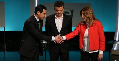 Juan Manuel Moreno (PP), Antonio Maillo (IU) y Susana Diaz (PSOE) en el debate de TVE durante la campaña electoral.