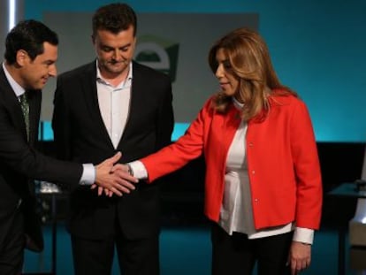 Juan Manuel Moreno (PP), Antonio Maillo (IU) y Susana Diaz (PSOE) en el debate de TVE durante la campa&ntilde;a electoral.