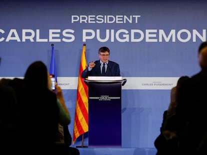 Carles Puigdemont, este jueves en el acto de Junts en Elna (Francia).