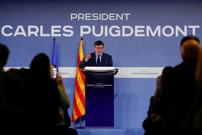 Carles Puigdemont, este jueves en el acto de Junts en Elna (Francia).