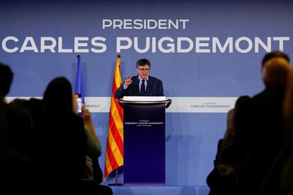 Carles Puigdemont, este jueves en el acto de Junts en Elna (Francia).
