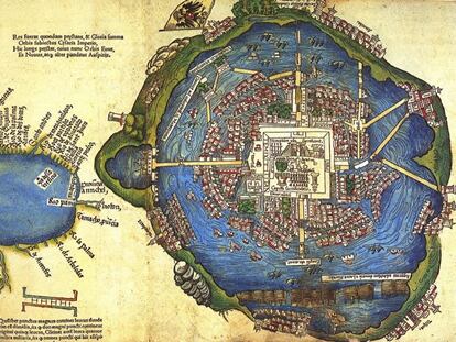 Plano de Tenochtitlán atribuido a Hernán Cortés (1524). Consta de dos cuerpos: una pequeña representación del golfo de México y la ciudad de Tenochtitlán, que aparece con el nombre de Temixtitan. / CENTRO DE ESTUDIOS DE HISTORIA DE MÉXICO CARSO. FUNDACIÓN CARLOS SLIM