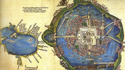 Plano de Tenochtitlán atribuido a Hernán Cortés (1524). Consta de dos cuerpos: una pequeña representación del golfo de México y la ciudad de Tenochtitlán, que aparece con el nombre de Temixtitan. / CENTRO DE ESTUDIOS DE HISTORIA DE MÉXICO CARSO. FUNDACIÓN CARLOS SLIM