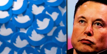 Una imagen de Elon Musk junto a una ilustración con los logos de Twitter. REUTERS