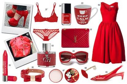 36 y 42. Detalles de street style (Imaxtree). 37. L'Agent by Agent Provocateur Conjunto de lencería de gasa con lunares. 38. Chanel Laca de uñas “Le Vernis - Rouge Rubis”. 39. Primark Taza con leyenda. 40. Preen by Thorton Bregazzi Vestido de vuelo sin mangas. 41. Saint Laurent Paris Bolso de piel acolchada con asa de cadena. 43. Carolina Herrera Eau de toilette “CH by Carolina Herrera”. 44. Zara Gafas de sol con montura de pasta. 45. Bourjois Lápiz de labios. 46. Mulberry Pulsera de piel con lazo. 47. Anna Sui en Asos Bálsamo labial. 48. Delfina Delettrez Anillo con labios y perla. 49. Santoni Zapato de tacón bajo con talón descubierto y trabillas en el empeine.