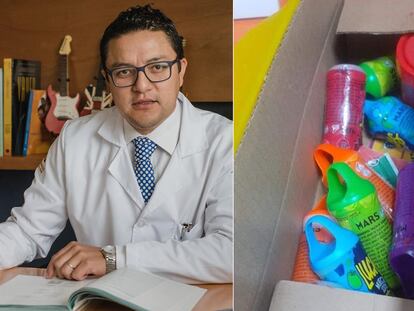 El Dr. Rigoberto Zamudio, secretario de Salud del Estado de Tlaxcala y la fotografía difundida en redes sociales de los dulces presuntamente adulterados.