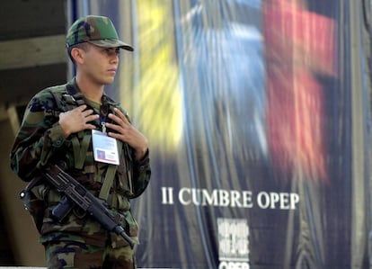 A soldier guarding the OPEC meeting at the Teresa Carreño Theater in Caracas in 2000.