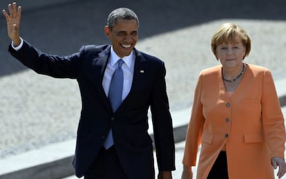 O presidente dos EUA, Barack Obama, e a chanceler alemã, Angela Merkel, em junho de 2013, em Berlim.