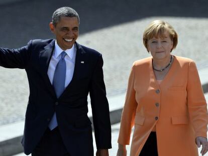 O presidente dos EUA, Barack Obama, e a chanceler alemã, Angela Merkel, em junho de 2013, em Berlim.