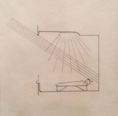 Arriba, el sanatorio de Paimio de Alvar Aalto. Abajo, un gráfico del arquitecto que mostraba la importancia de que que el sol entrara en la habitación de los pacientes. |