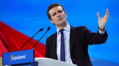 El presidente del PP, Pablo Casado, durante la convención nacional del partido. 