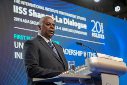 U.S. Secretary of Defense Lloyd J. Austin III speaks at the 20th International Institute for Strategic Studies (IISS) Shangri-La Dialogue, Asia's annual defense and security forum in Singapore, Saturday, June 3, 2023.