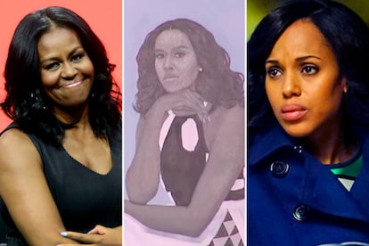 A la izquierda, Michelle Obama. Centro, detalle del retrato de Amy Sherald. A la derecha, Kerry Washington caracterizada como Olivia Pope.