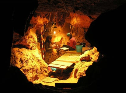 Archeological work in progress at El Sidrón cave in Asturias.