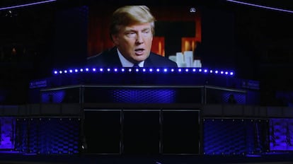 Un vídeo sobre Trump durante la Convención Demócrata en Filadelfia.