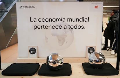 WorldCoin's iris-scanners are displayed in a stall of Madrid, Spain, March 6, 2024.