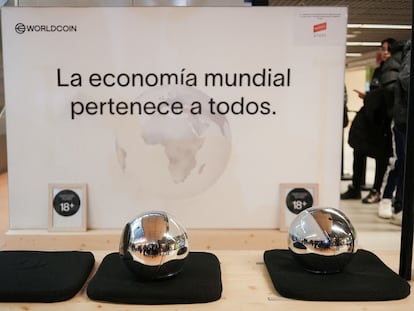 WorldCoin's iris-scanners are displayed in a stall of Madrid, Spain, March 6, 2024.