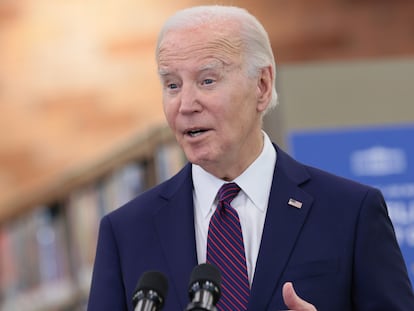 US President Joe Biden speaks at the Culver City Julian Dixon Library in Culver City, California, USA, 21 February 2024.