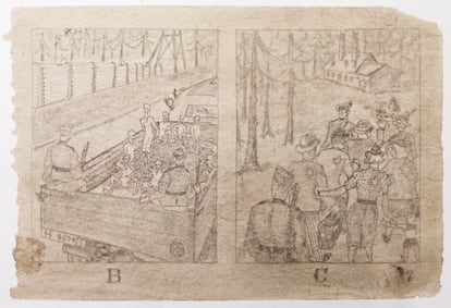 Desenhos do 'Caderno de esboços de Auschwitz' que mostram os presos sendo conduzidos à câmera de gás.