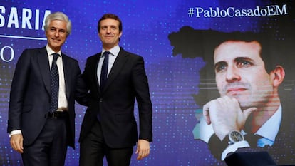 Pablo Casado y Adolfo Suárez Illana, que será el número dos del PP por Madrid, este lunes.