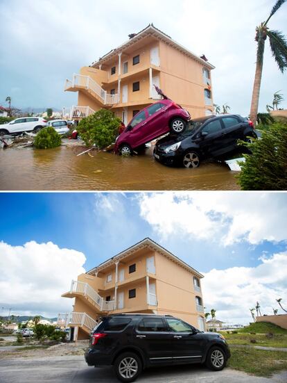 En la fotografía de arriba se muestran coches apilados unos sobre otros tras el paso del huracán Irma en la isla caribeña de San Martín, el 6 de septiembre de 2017. En la imagen de abajo, el mismo lugar limpio de escombros el 28 de febrero de 2018.