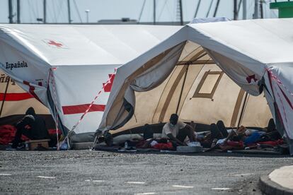 Inmigrantes llegados en las últimas pateras a Lanzarote en el Puerto de Naos de Arrecife en un campamento instalado por Cruz Roja a la espera de completar sus pruebas PCR y de que se les asigne un recurso de acogida.