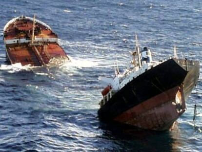 The Prestige oil tanker sinks in 2002.
