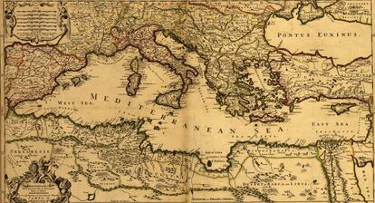 Mapa del mar Mediterráneo dividido en sus partes principales.