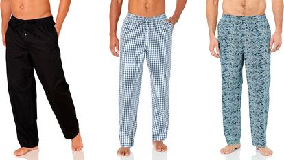 3 hombres posando con pantalones de pijama de diferentes patrones