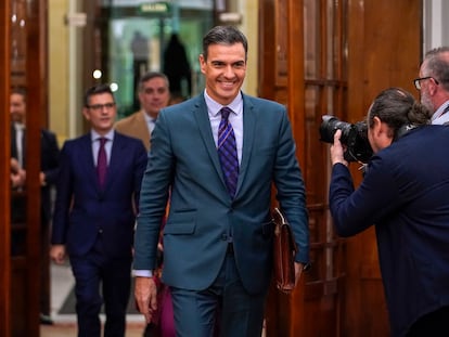 Pedro Sánchez, a su llegada al Congreso este jueves.