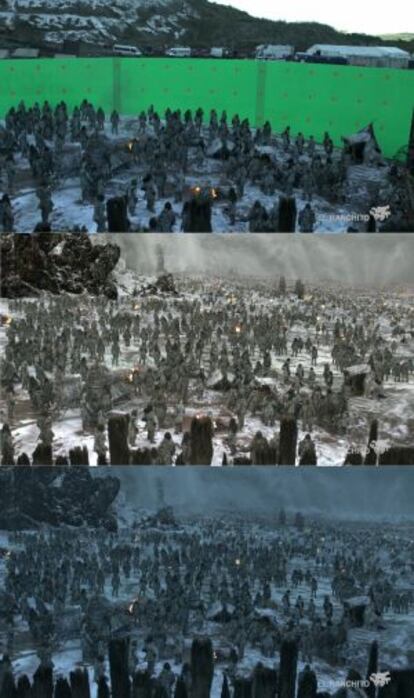 Un mismo fotograma de la batalla de Casa Austera de 'Juego de tronos', en diferentes fases del trabajo de efectos visuales.