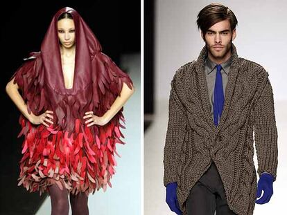 A la izquierda, un modelo de los diseñadores Luxoir. A la derecha, una chaqueta de lana con complementos azul tuareg de Josep Abril. 
/ reuters