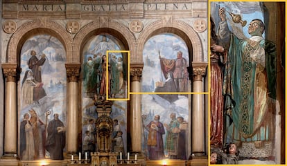 The main altarpiece of the Claretian mission church, which features a portrait of Father Joaquín Aller, one of the forgers of God.