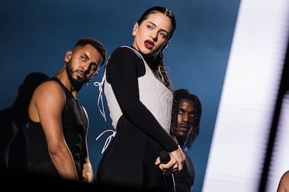 SAO PAULO, BRAZIL - MARCH 26: Rosalía performs live on stage during the closing day of Lollapalooza Brazil at Autodromo de Interlagos on March 26, 2023 in Sao Paulo, Brazil. (Photo by Mauricio Santana/Getty Images)