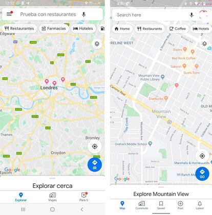 Diseño actual de Google Maps (i) y el nuevo (d)