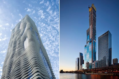 Dos de sus rascacielos: a la izquierda, Aqua Tower, de 2010, y la nueva Vista Tower, que estará lista en 2020. Ambos edificios están en Chicago.