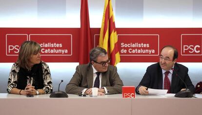 Iceta (d), Ros y Marín, este lunes tras la reunión de la ejecutiva del PSC