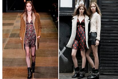 Desde Saint Laurent se propusieron vestidos con abrigos de borrego y medias de rejilla, traducido inmediatamente en el lookbook de Zara.